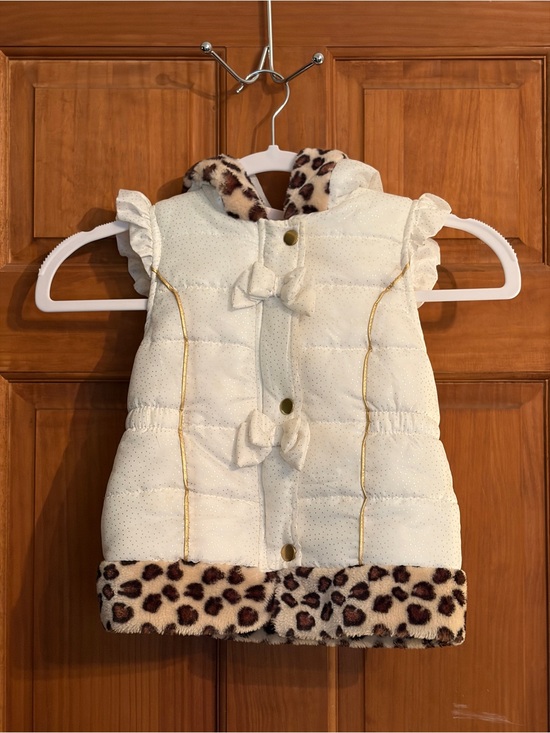 Little Lass Other - Little Lass Toddler Girls White Iridescent Puffer Vest Faux Fur Leopard Trim Bow